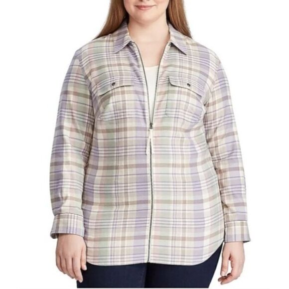 Chaps Top Womens 1X Pastel Plaid Zip Up Cotton Twill Long Sleeve Shacket Pockets - Picture 1 of 7